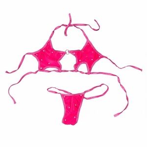 Hot Pink String Bikini Set with Rhinestone Accents
